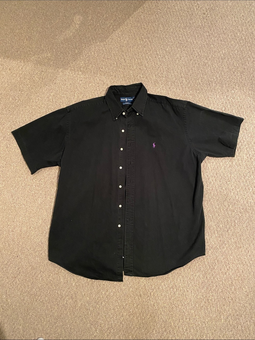 Polo by Ralph Lauren Black Short-Sleeve Button-Down with Purple Logo